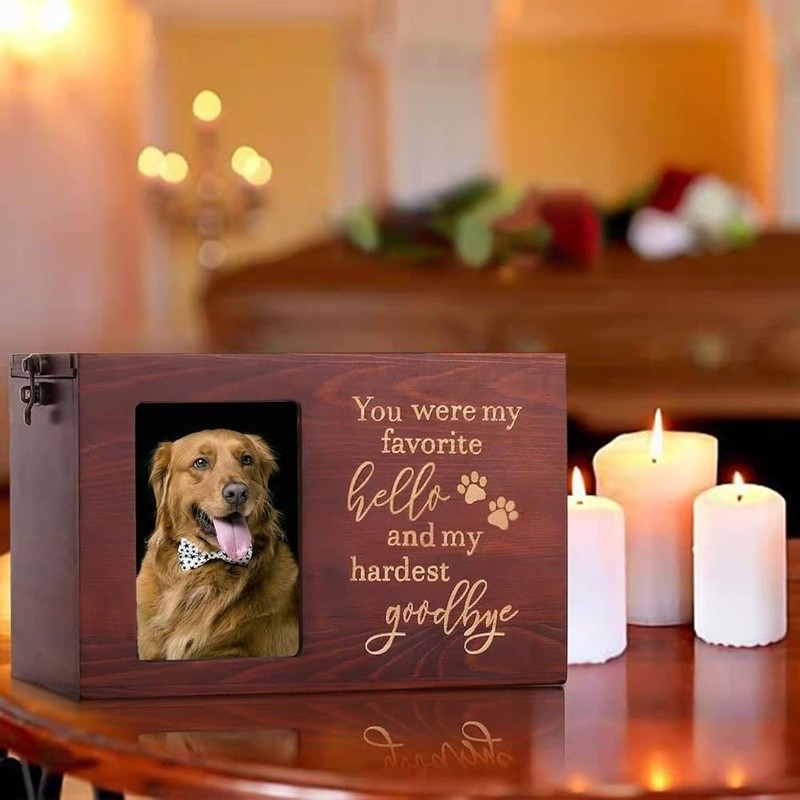 Handcrafted Wooden Pet Urn Dogs Cats W/ Photo Display Paw Prints Memorial New