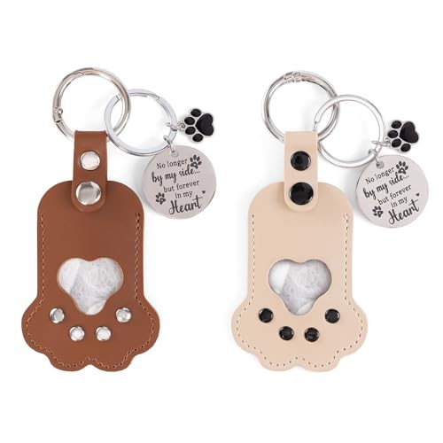 Leather Dog Memorial Keychain: Pet Paw Print Fur Keepsake – Cute Brown & Beige