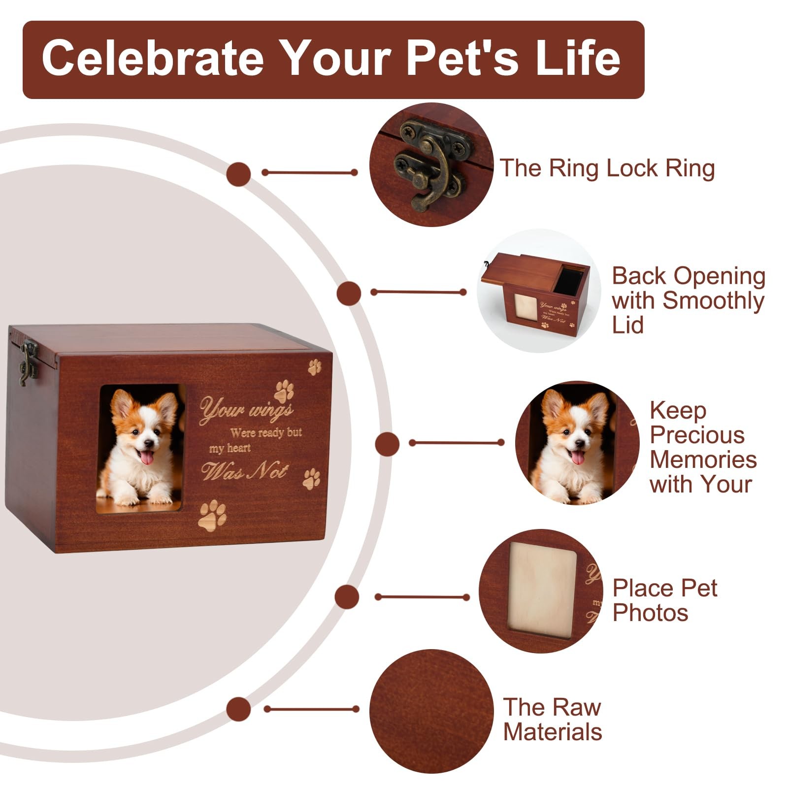 Pet Memorial Urns for Dog or Cat Ashes, Large Wooden Funeral Brown