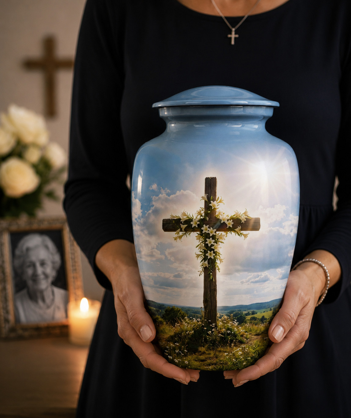 Large Blue Christian Cross Cremation Urn Human Ashes Adult for Your Love Ones