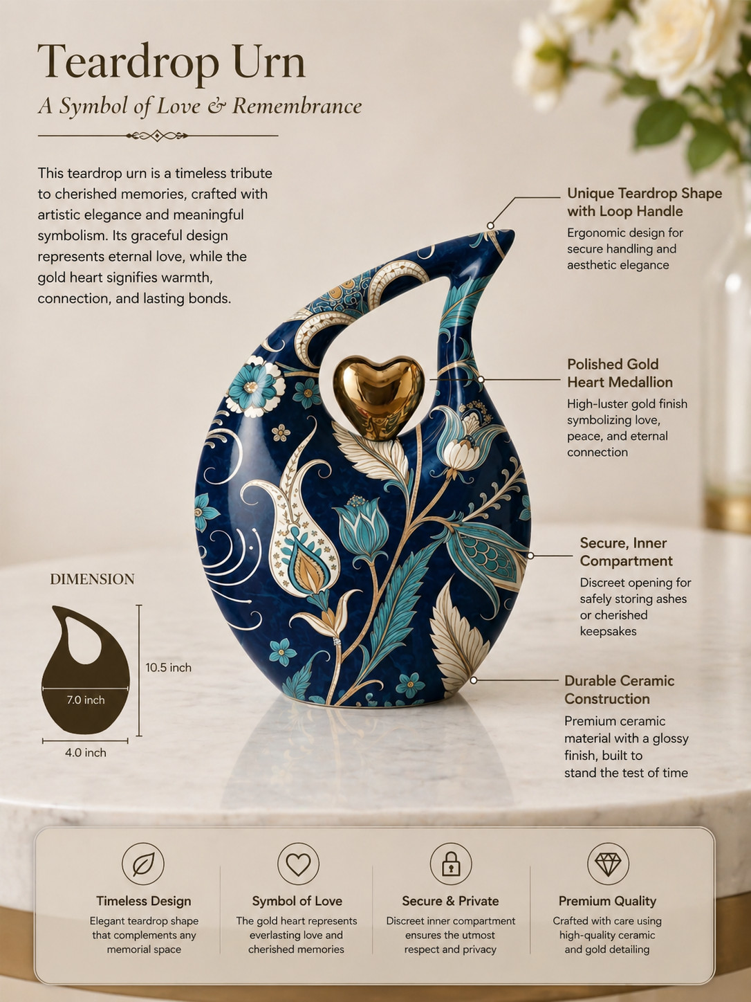 Artistic Blue Teardrop Cremation Memorial Urn for Your Love Ones Ashes w/Bag