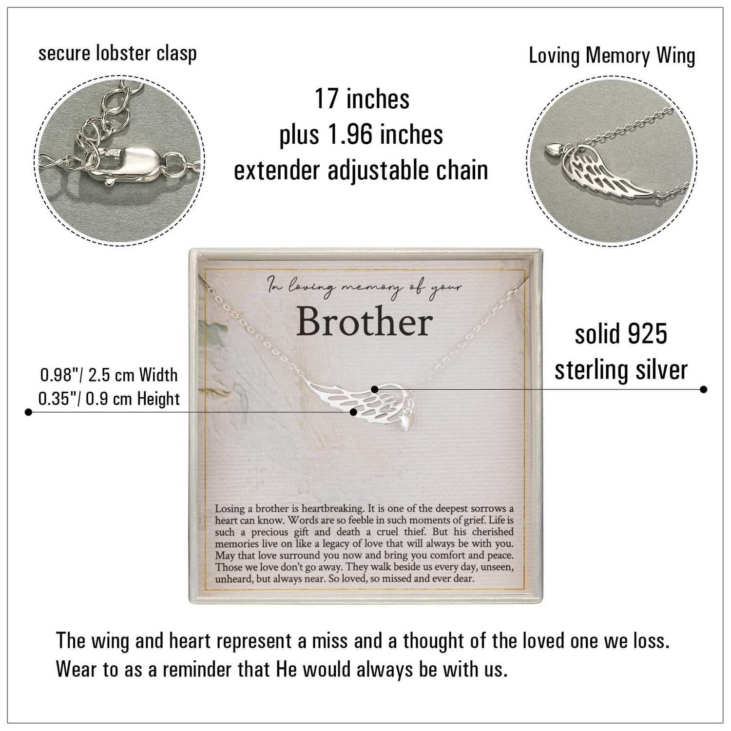 RareLove Memorial Gifts for Loss of Brother,925 Sterling Silver Angel Wing He…