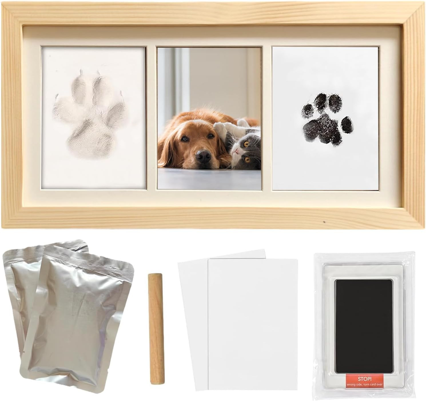 Paw Print Impression Kit for Dogs and Cats, 2 Clay, Large Ink Pad, Wooden Pictur