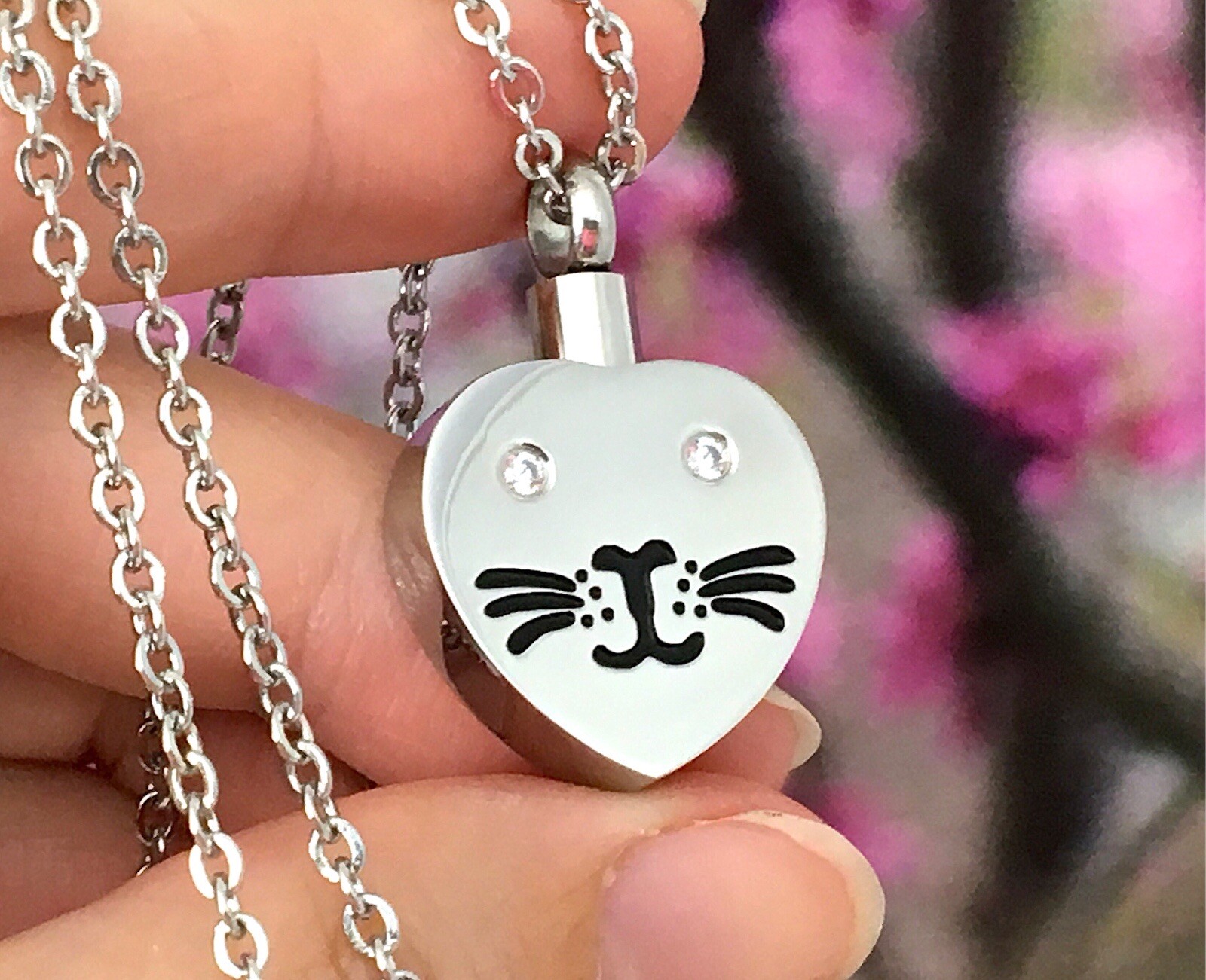 Cat Face Cremation Necklace Jewelry Pendant Urn Holds Ashes Kitty Crystal Eyes