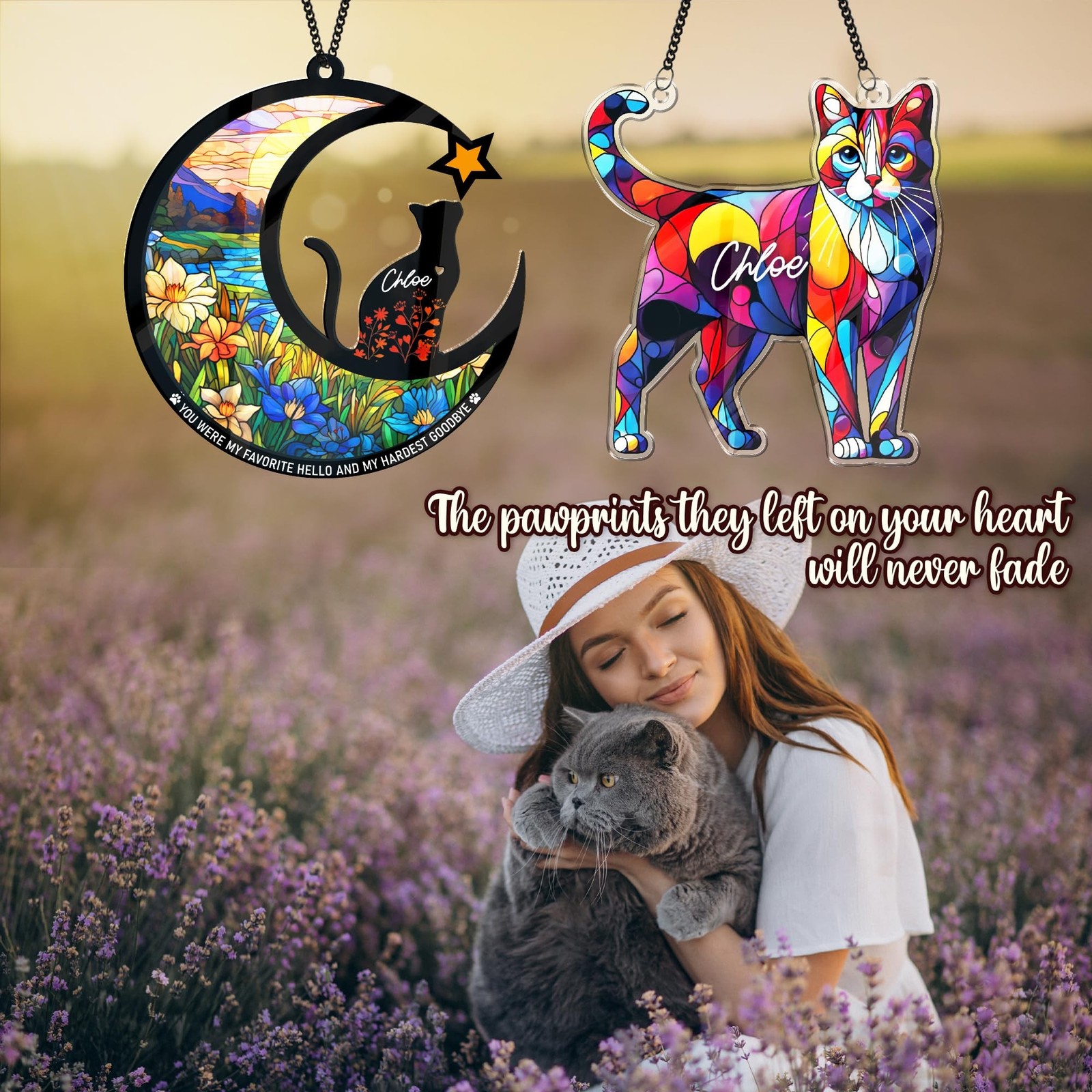 2 Pack 6″ Cat Memorial Gift, Acrylic Cat Suncatcher for Window Hanging, Remem…