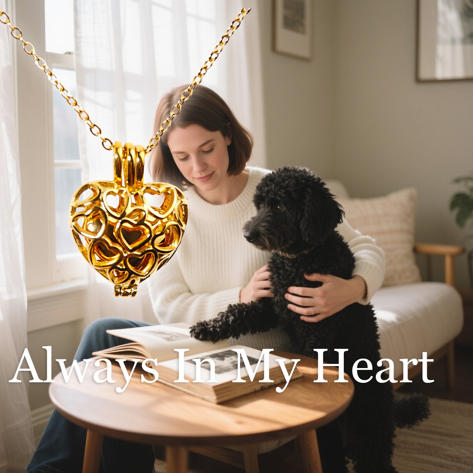 Gold Paw Print Heart Pet Ashes Memorial Necklace with Inner Box For Dog&Cat