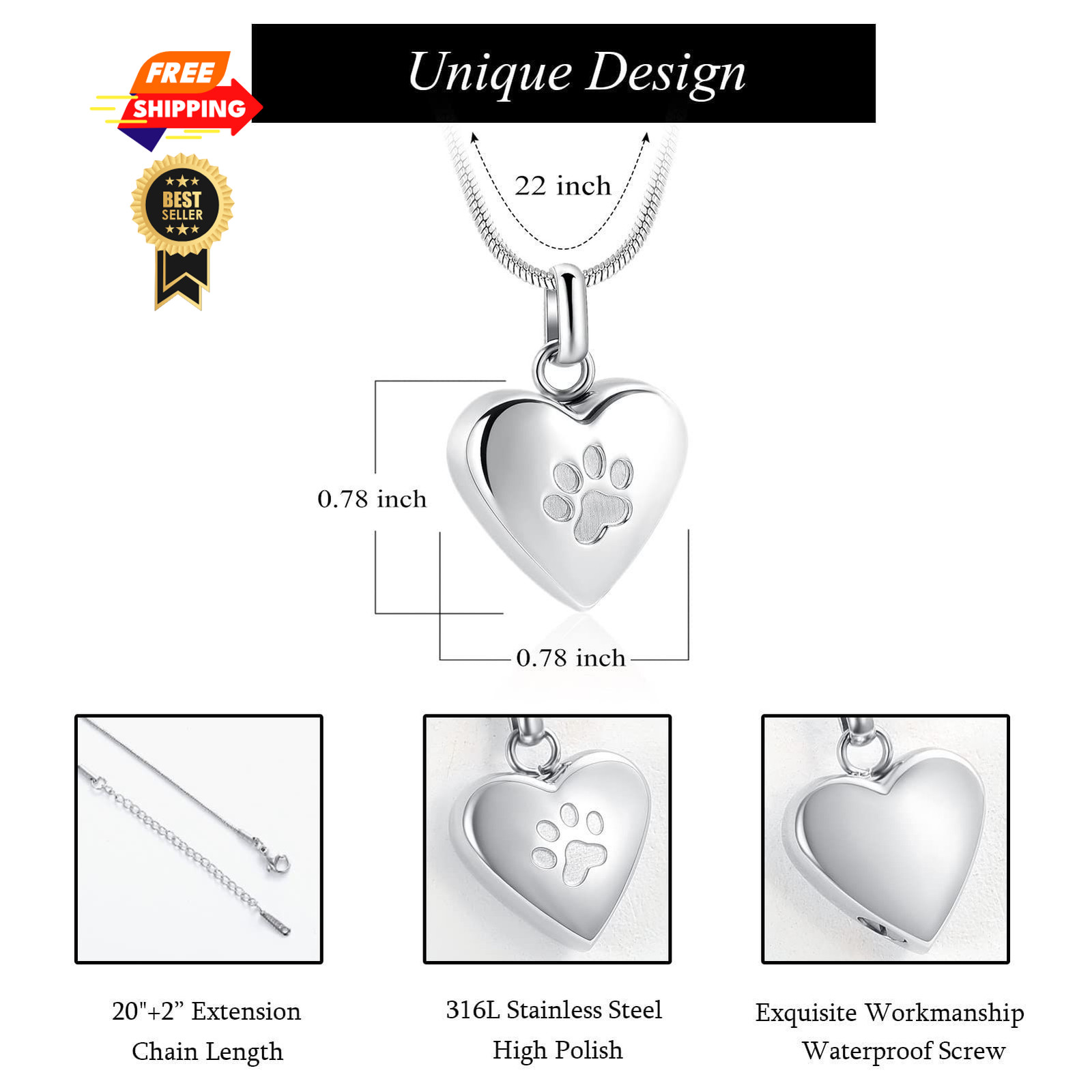 zeqingjw Pet Cremation Jewelry for Ashes Pendant Paw Small, Heart-Silver