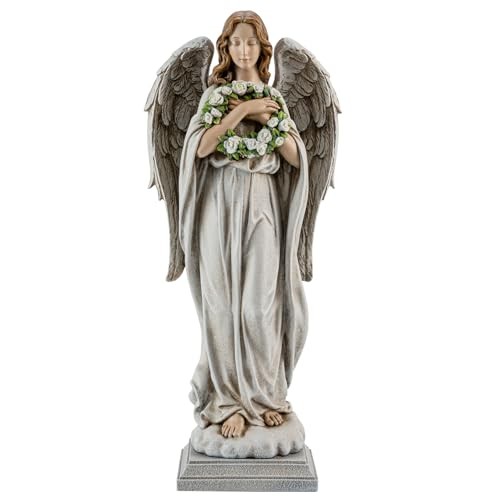 Garden Angel with Flower Wreath Statue – 16″ Outdoor Memorial Angel Decor