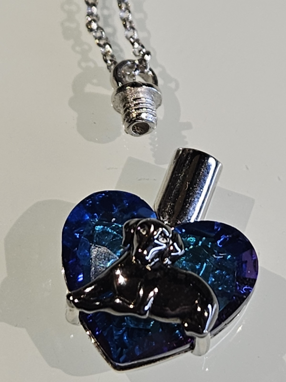 Sterling Silver Dog Cremation Urn Pendant Necklace – Blue/Purple Crystal Heart