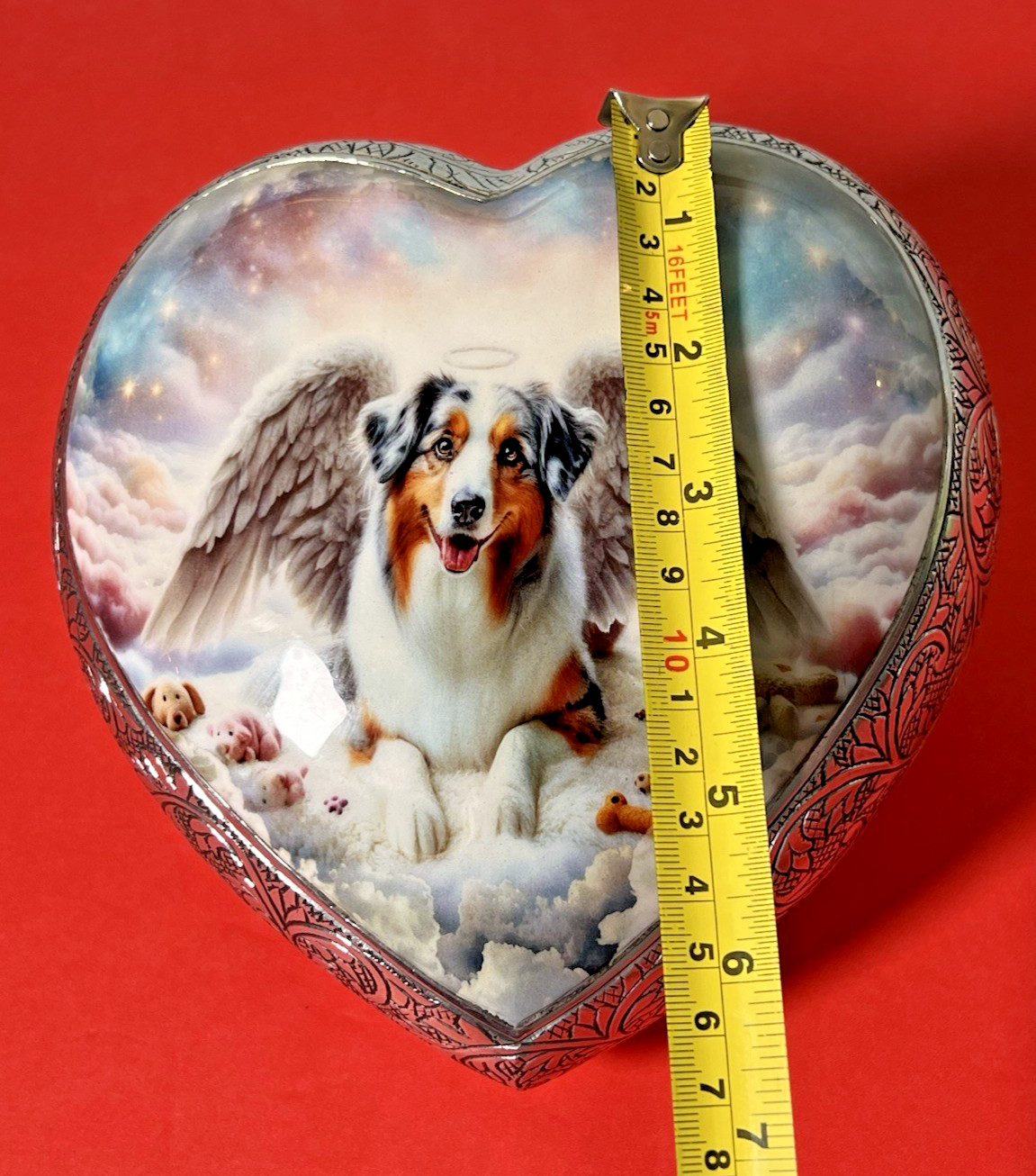 Australian Shepherd Memorial Dog Funeral Urn w/Silver Color Hand Etched Border