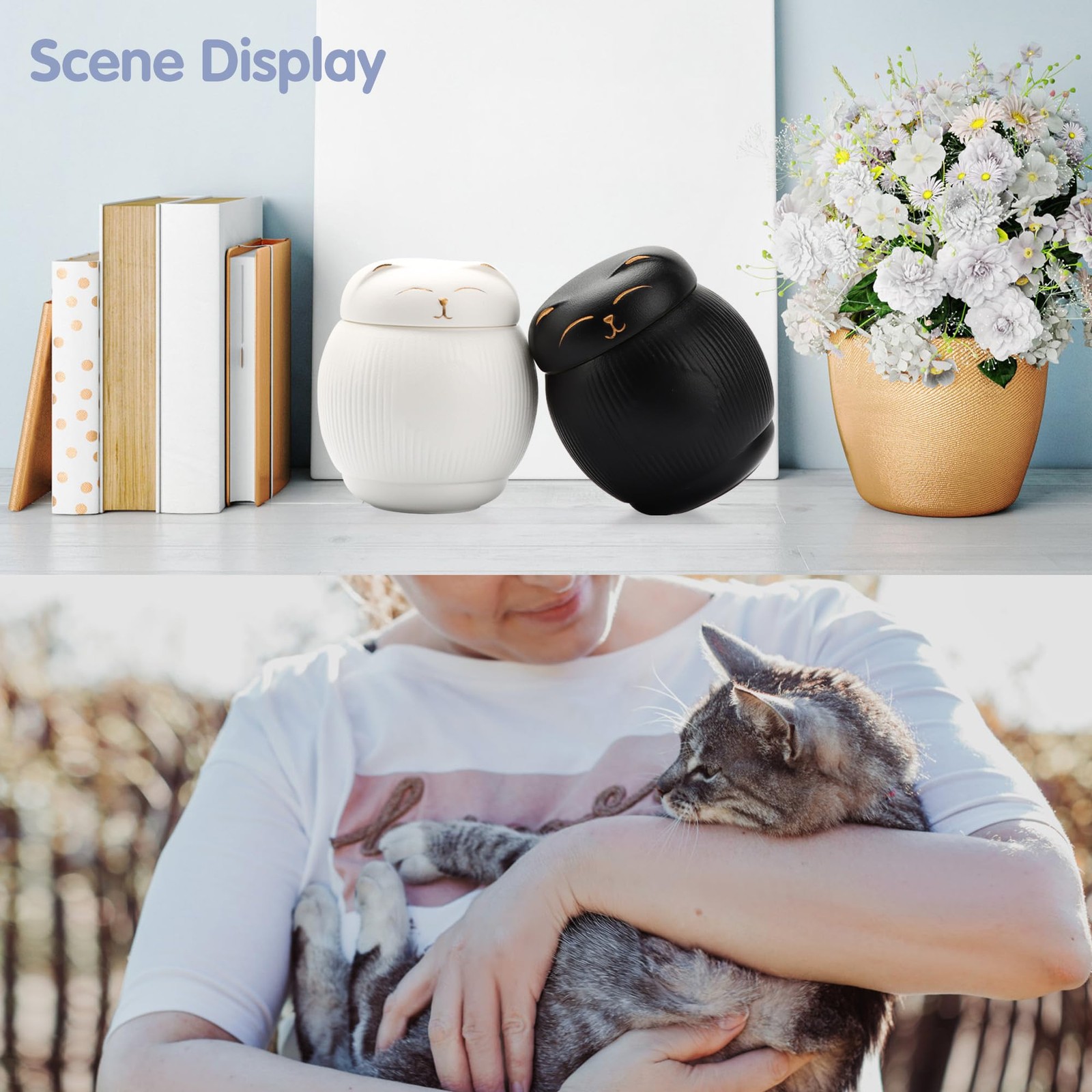 DiDiBirDi Ceramic Cat Urn for Ashes – Pet Memorial Box with Small, White
