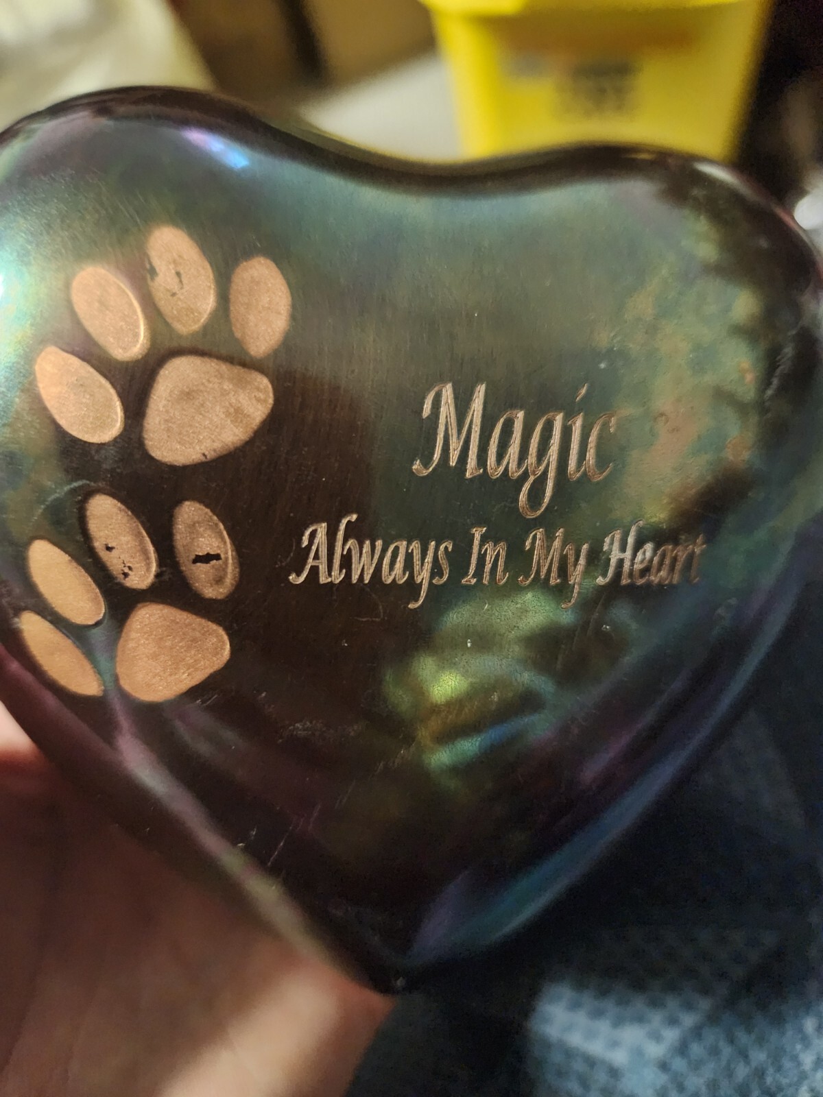 Iridescent Paw Print Raku Heart Shaped Keepsake Pet Urn Magic Always In My Heart