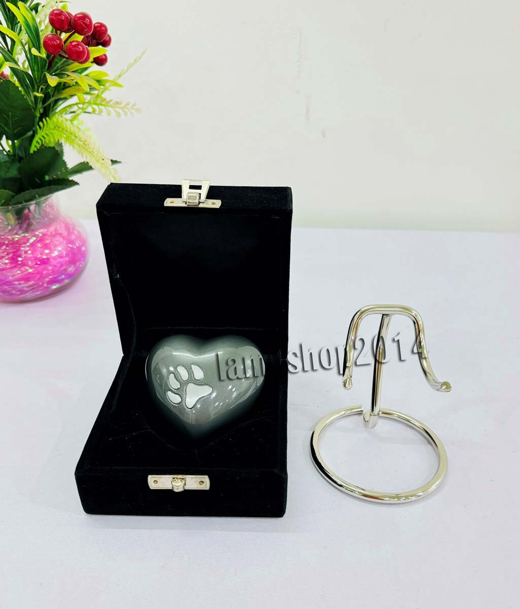 Dark Grey Heart Urn Paw Print Memorial Urn for Ashes-Pet Small Urn w/Box & Stand