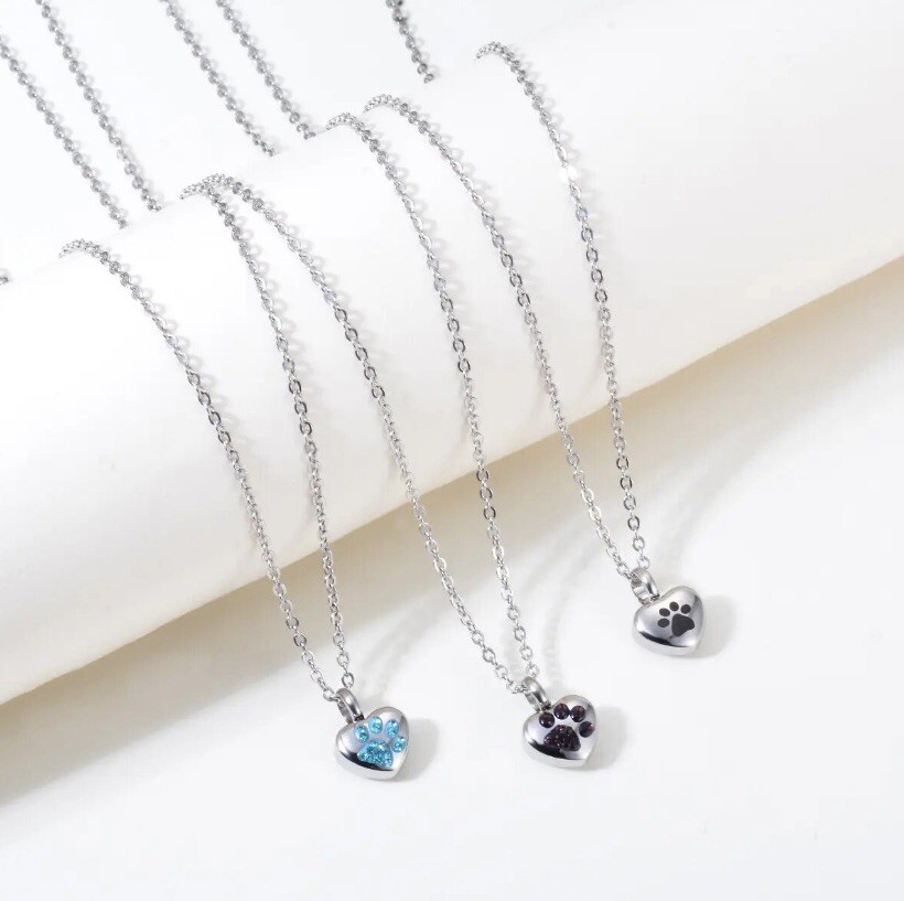 Tiny Pet Cremation Pendant Necklace Girls Ladies Crystal Paw Print Blue Purple