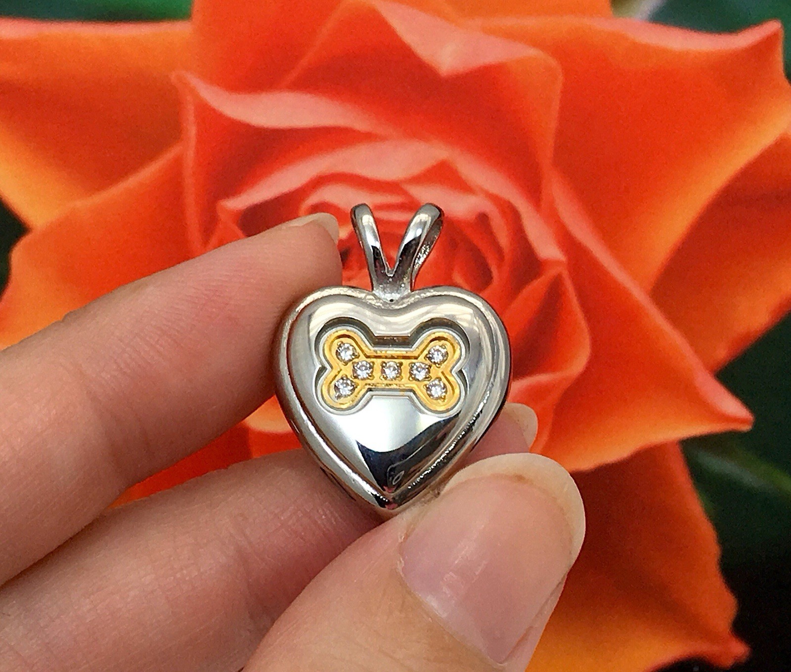 Dog Cremation Pendant Urn Keychain 1″ Key Ring Ash Golden Silver Crystal Bone