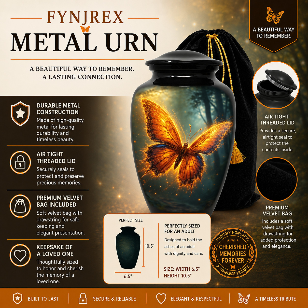 Large Adult Urn for Human Ashes Golden Butterfly Cremation Urn with Bag