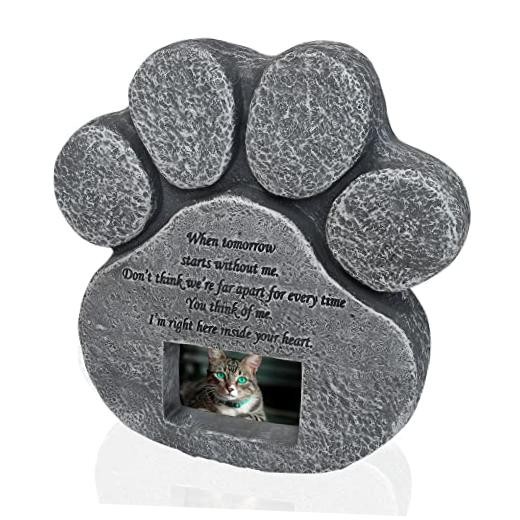 Paw-Shaped Resin Pet Memorial Stone with 2×3 Photo Frame and Sweet Poem –