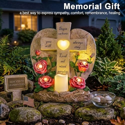 Memorial Garden Stone Cross with LED Lights – Sympathy Gift, Heart Rose Design