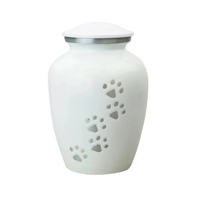 White Pet Urn with Silver Paw Prints – Large Dog & Cat Cremation Urn