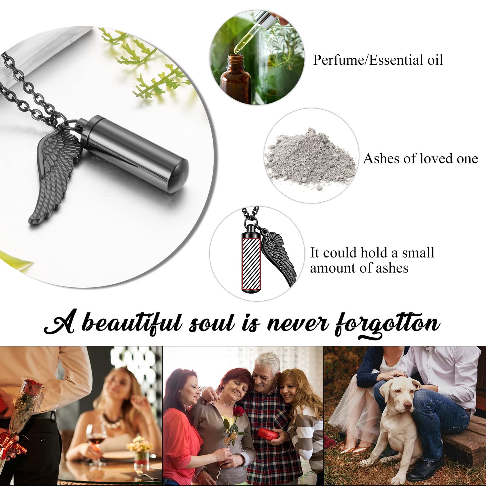 Cylinder Cremation Necklace for Pet Ashes Urn Necklace with Angel Wing Pet Paw A