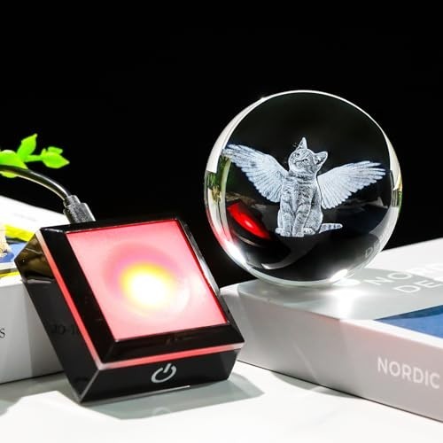 3D Cat Memorial Gift with LED Base – Angel Wing Crystal Ball for Cat Lovers, Sym