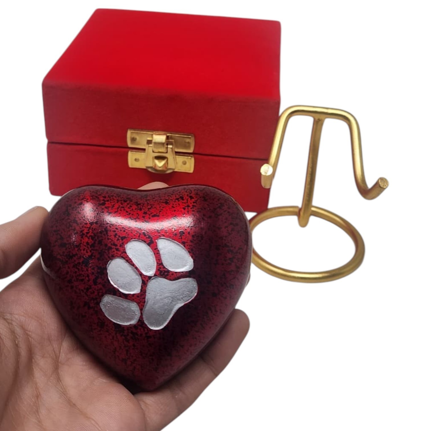 Red Heart Pet Cremation Urn for Dog or Cat Ashes with Paw Print Stand & Box