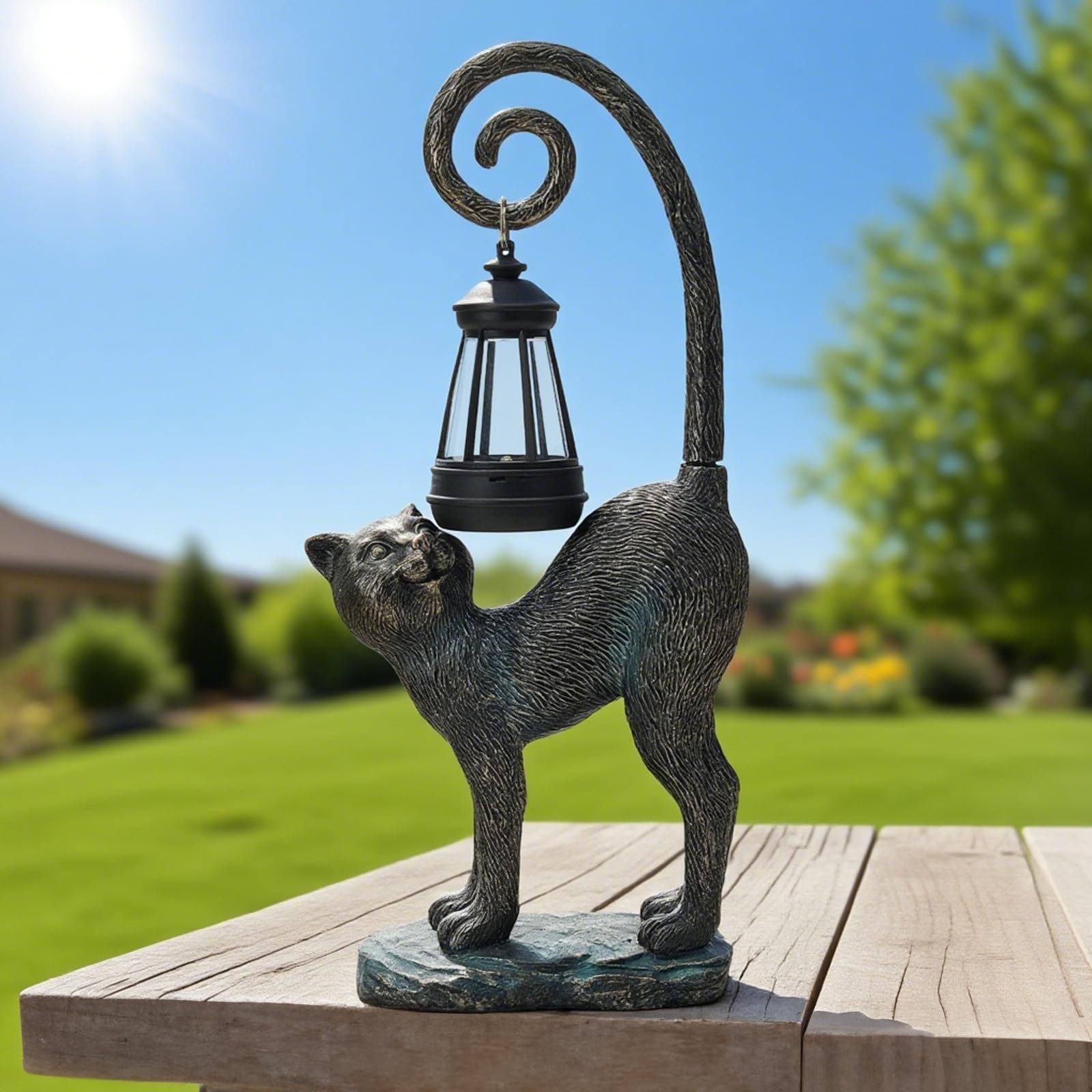 Solar Cat Garden Decor Outdoor Statue – Cat with LED Waterproof Sculptures Li…