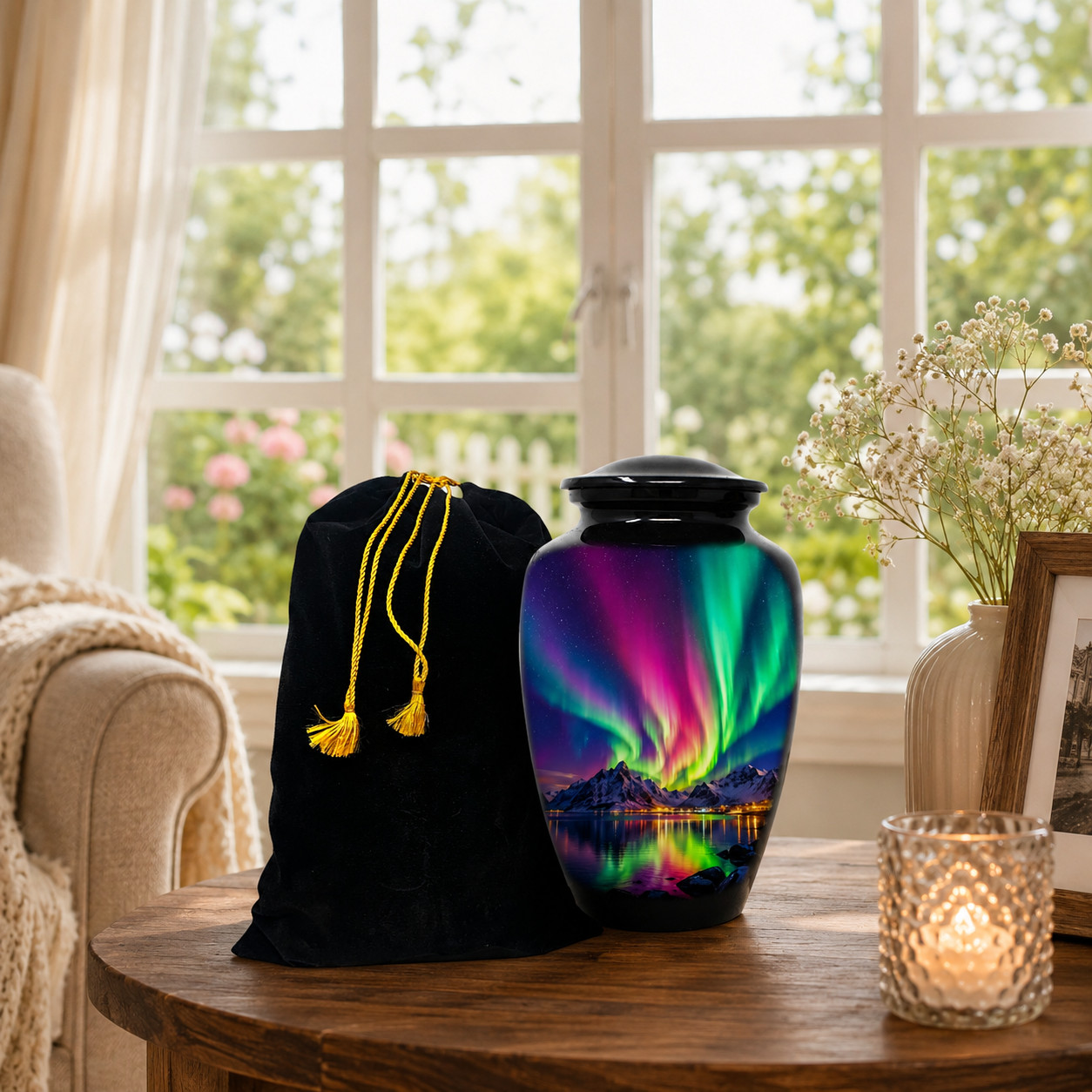 Cremation Urn for Adult Human Ashes 10.5in Aurora Borealis Memorial Urn Bag