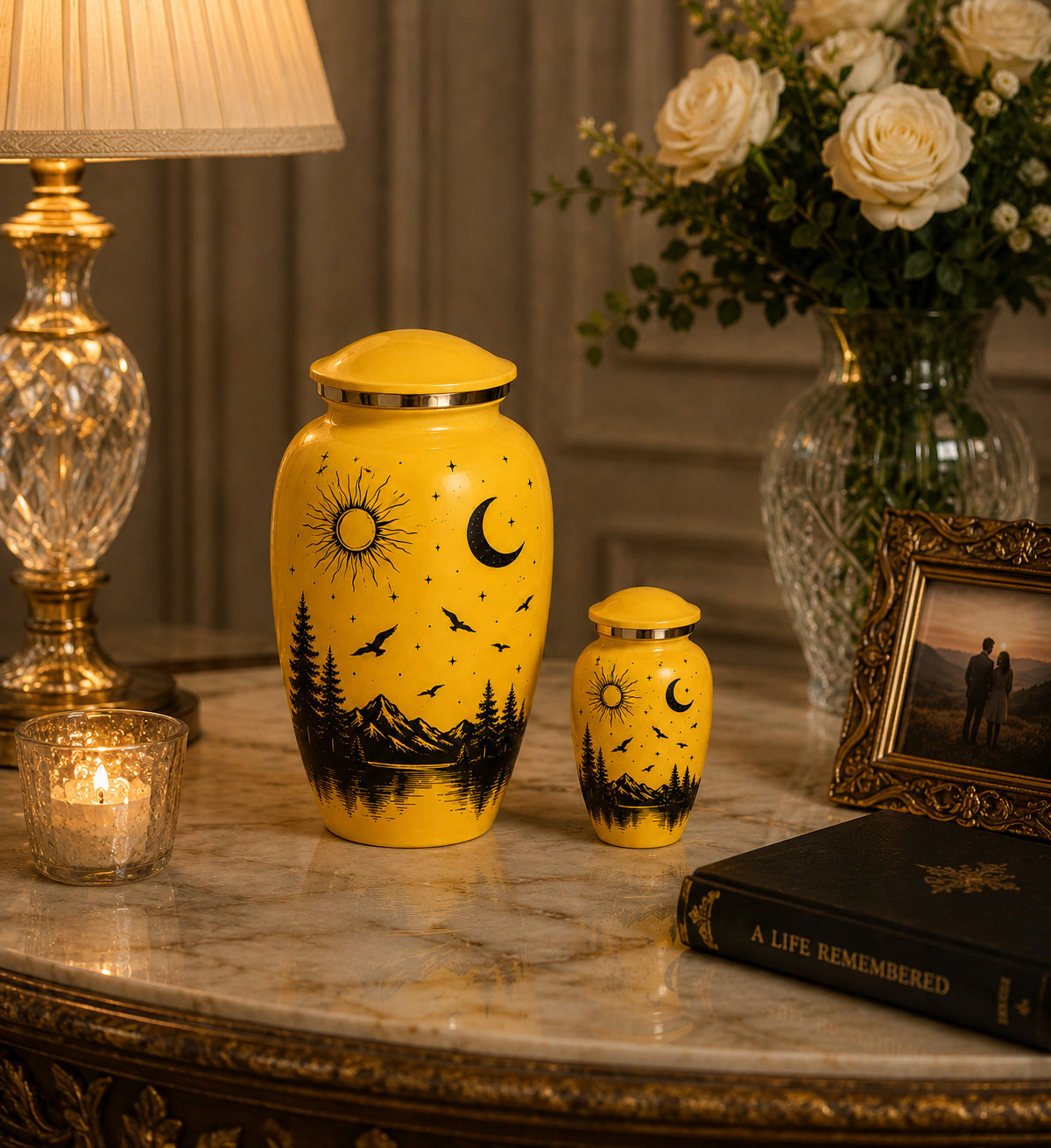 Yellow Aluminum Cremation Urn for Human Ashes – Sun Moon Mountain Landscape