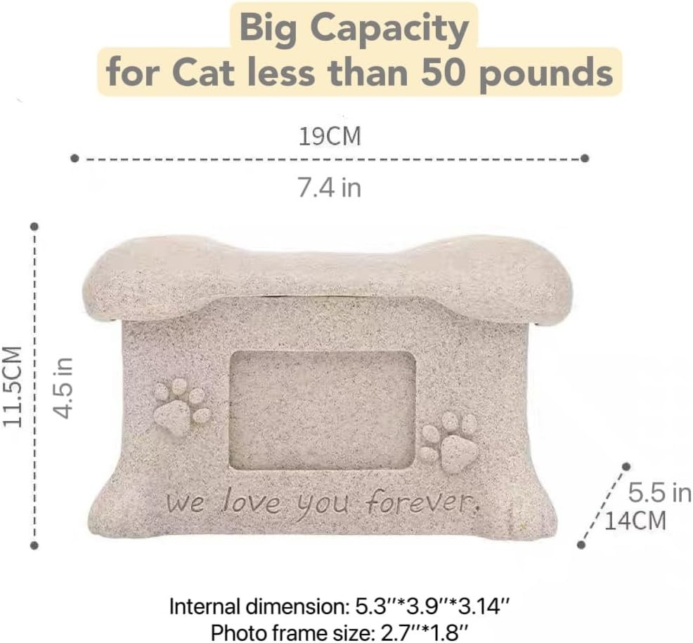 Cat Urn with Photo Frame, Pet Urns for Cats, with Foot Prints and Fish Cover Pat