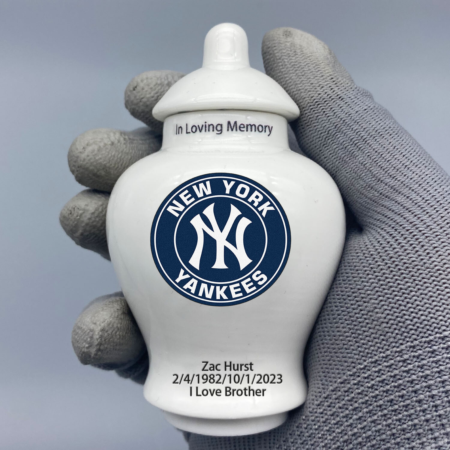 Ceramic Baseball Urn – New York Yankees Theme, Custom Text