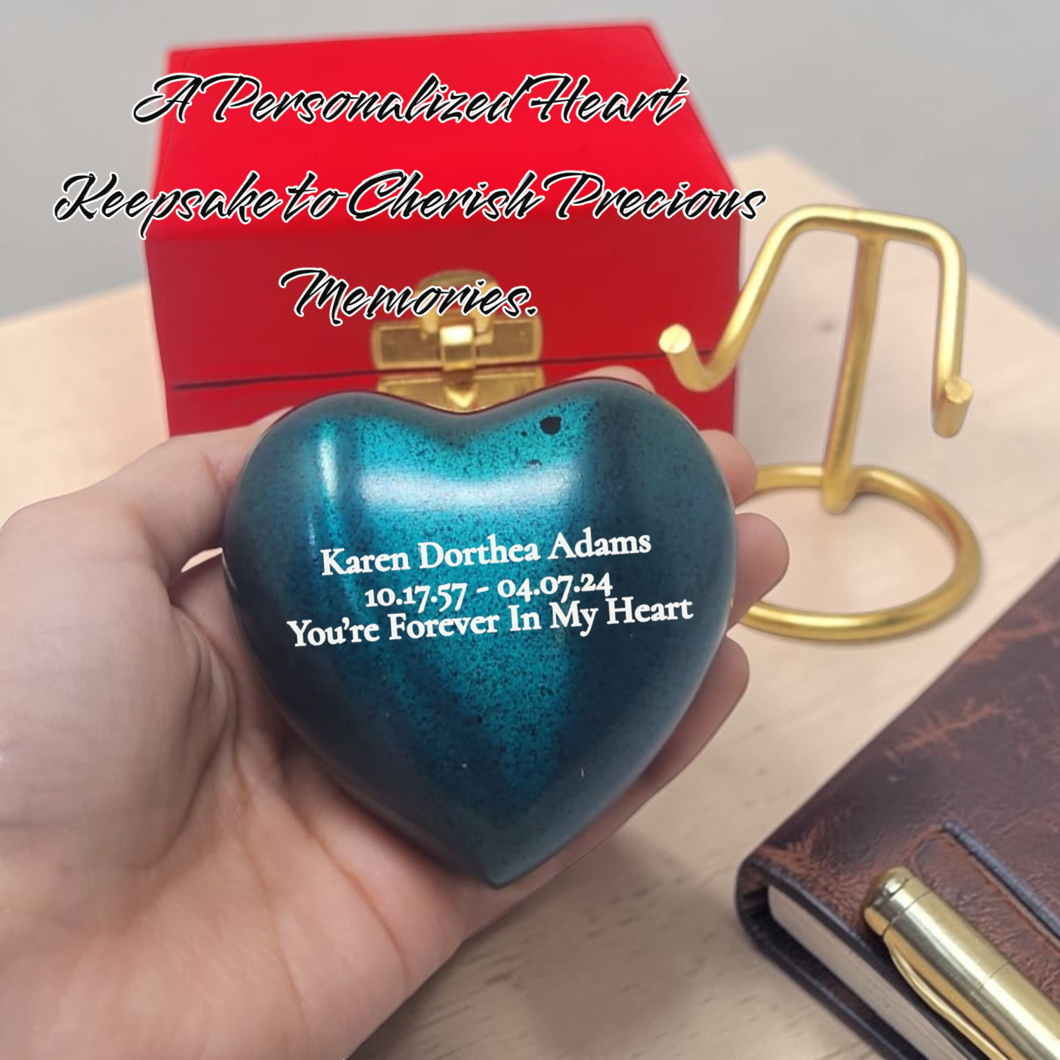 Personalized Mini Heart Cremation Urn for Ashes with Stand Velvet Box