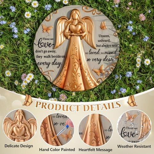 Bronze Angel Memorial Garden Stone with Plaque Stand and Sympathy Card,