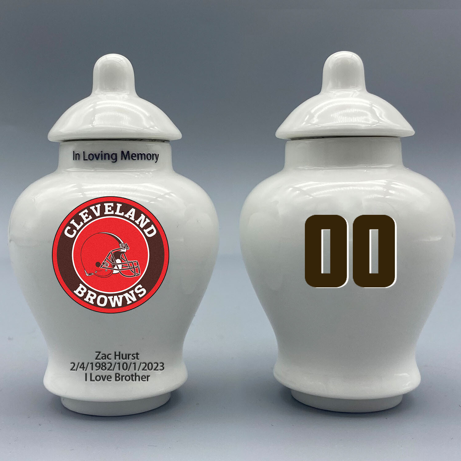 Ceramic Football Urn – Cleveland Browns Theme, Custom Text & Number