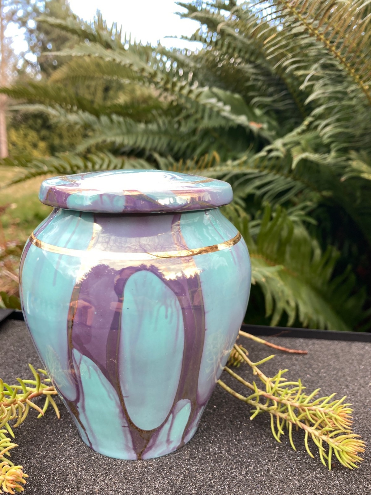 Handmade Ceramic Cremation Urn in Yellow w/MOP, small size for pet ashes 50 ci