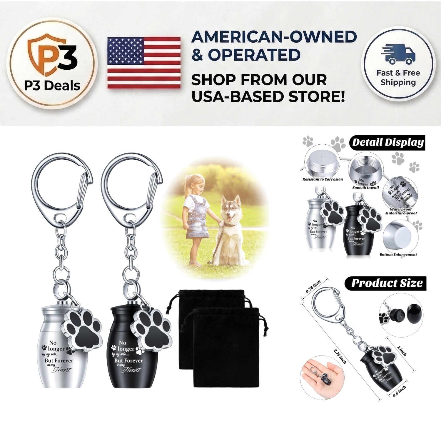Pet Ashes Keychain Set – 2 Durable Stainless Steel Dog Urns with Paw Print