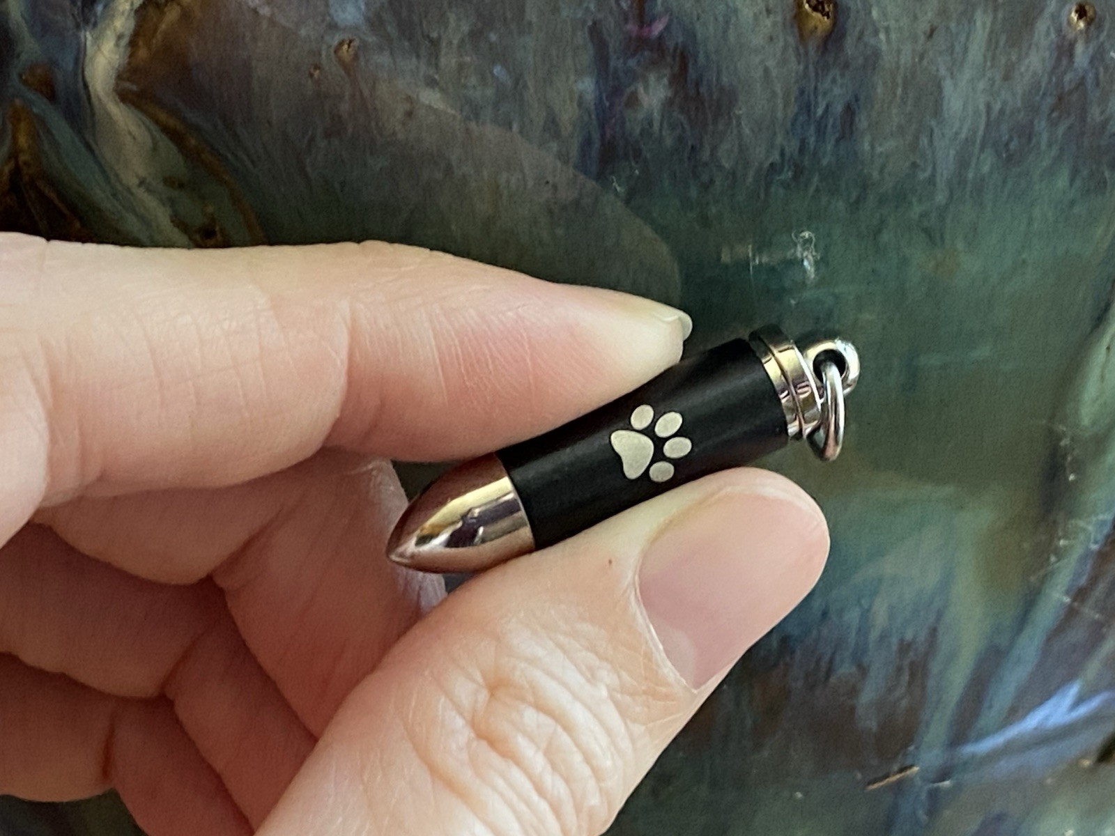 Mens Bullet Cremation Necklace Pendant Urn 4 Ashes SMALL VIAL Pet Paw Print Dog