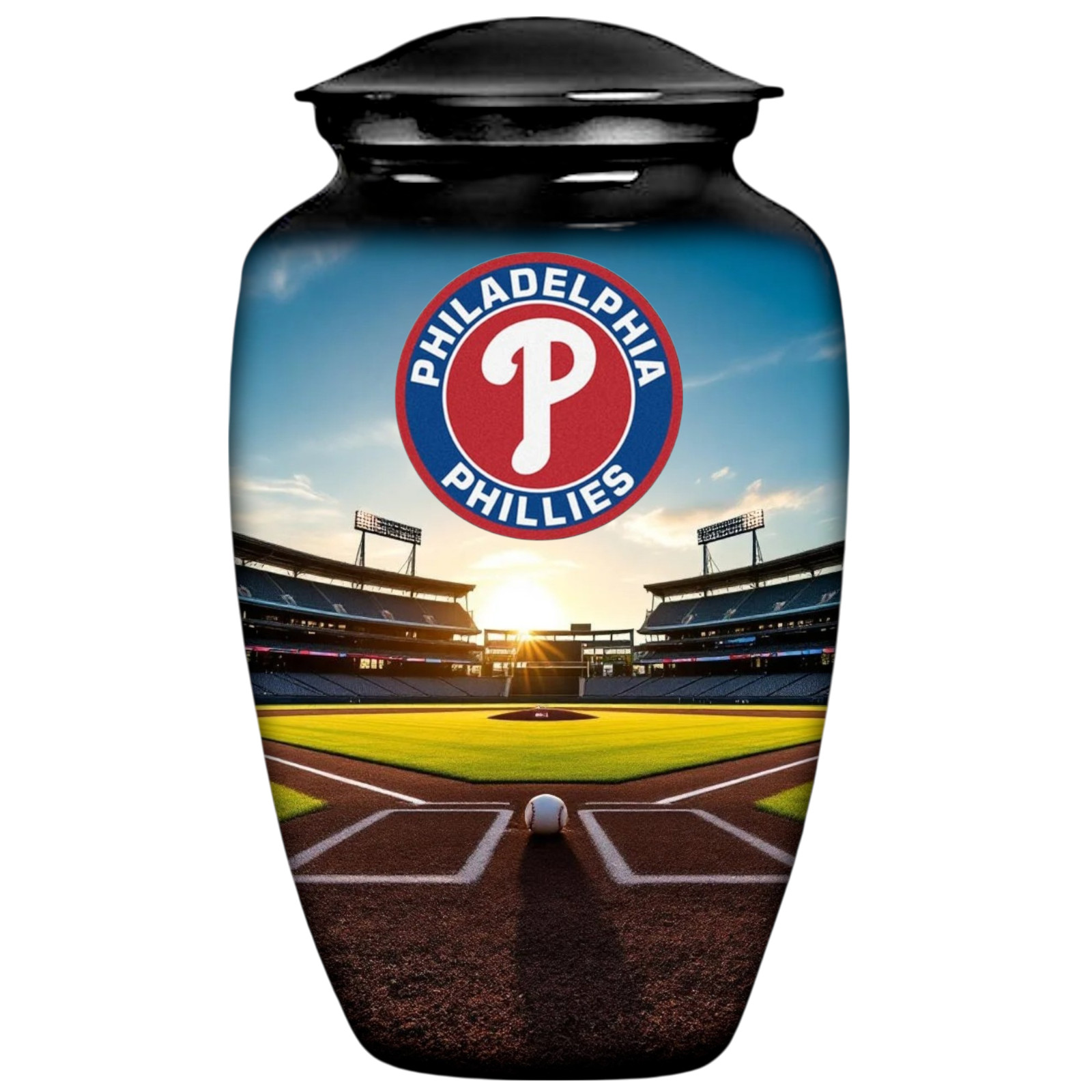 Black Large Baseball Theme Philadelphia Cremation Urn Adult Human Ashes w/Bag