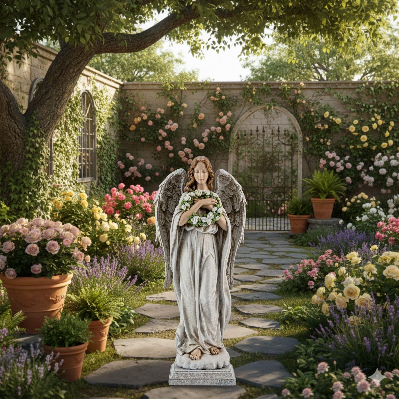 Garden Angel with Flower Wreath Statue – 16″ Outdoor Memorial Angel Decor