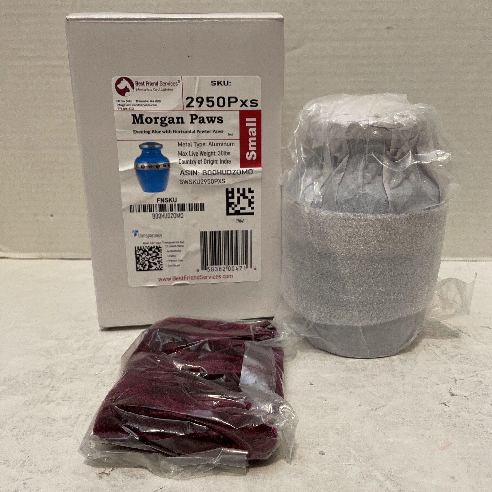 New/Open Box*Best Friend Services*Morgan Paws Aluminum Pet Cremation Urn*Small