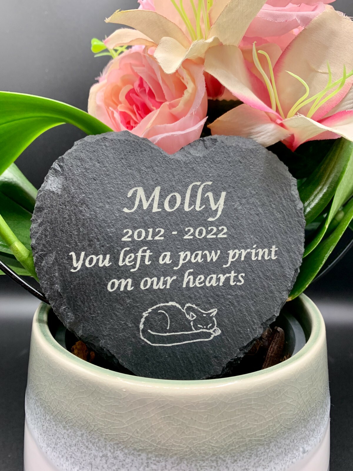 Personalised Engraved Slate Stone Heart Pet Memorial Grave Marker Plaque Cat