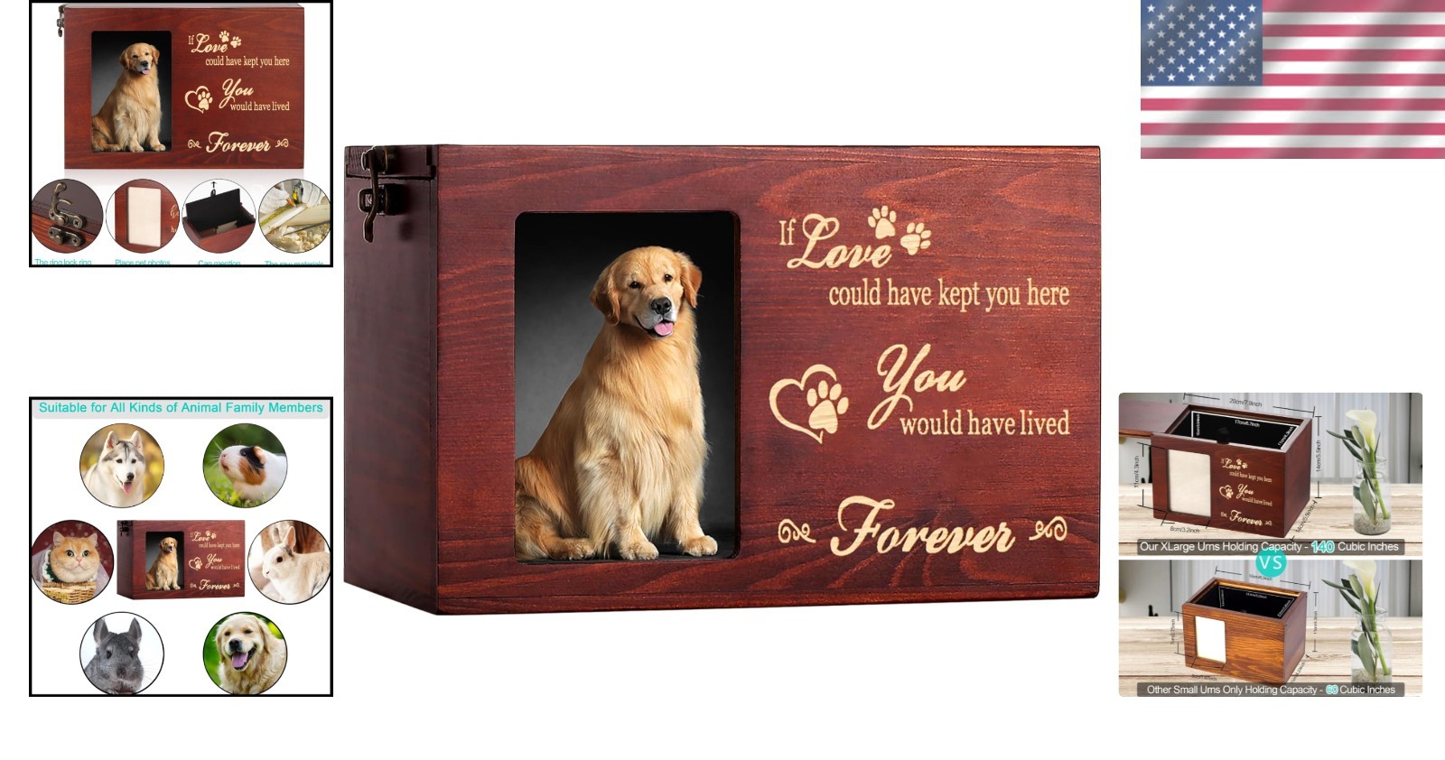Elegant Wooden Pet Memorial Urn for Dogs or Cats, 140ci – Photo Frame Included