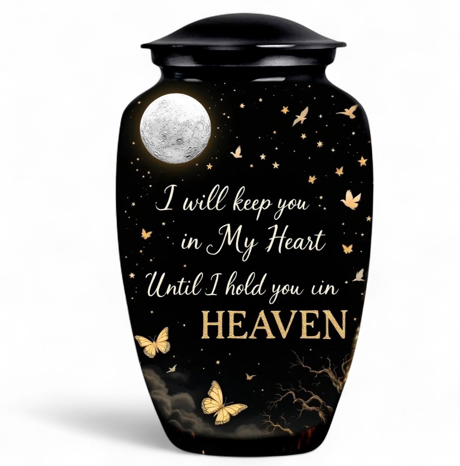 Black Cremation Urn for Human Ashes Memorial Urn with Velvet Bag Heaven Design
