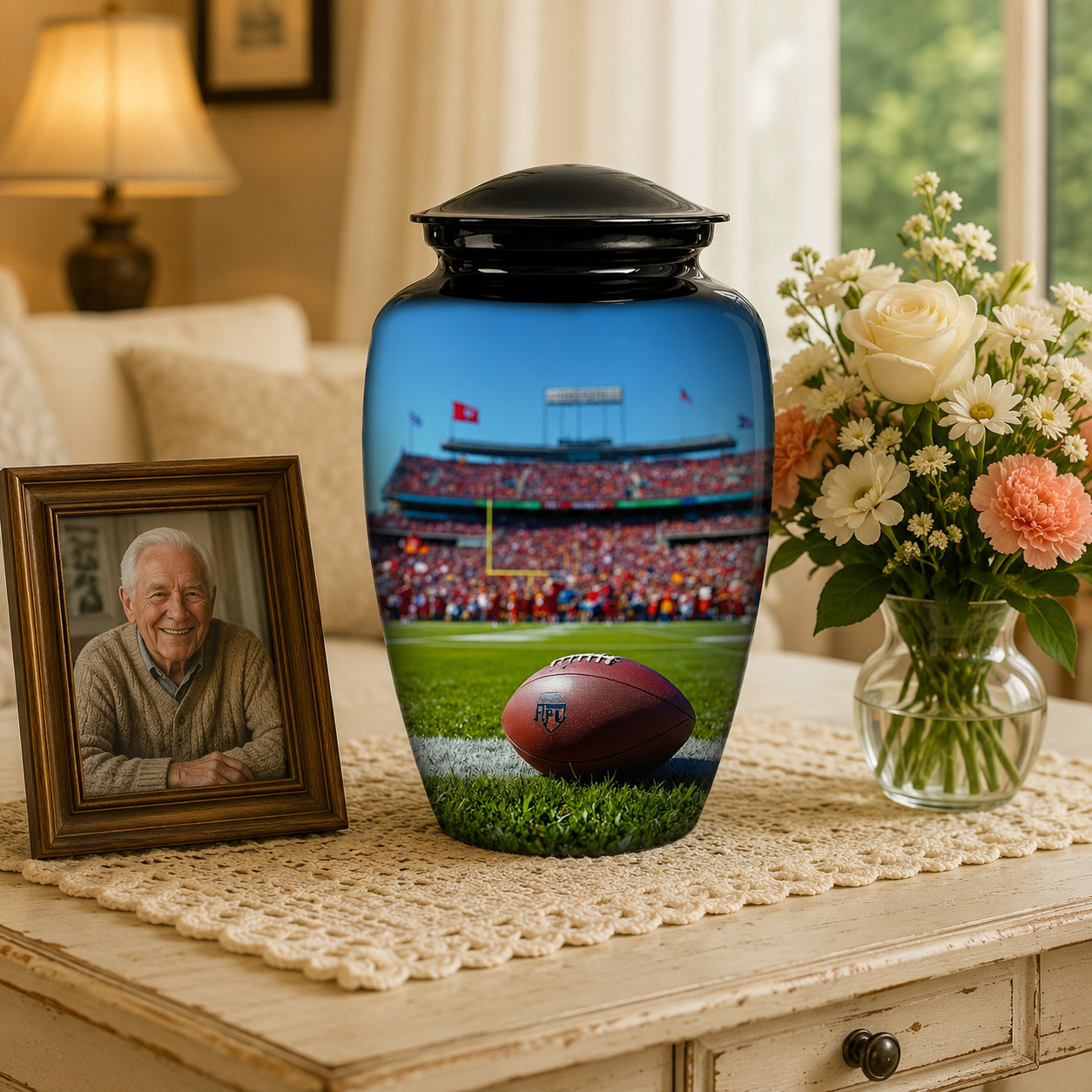 Football Cremation Large Black Urn Human Ashes w/Bag for Your Love Ones Earns