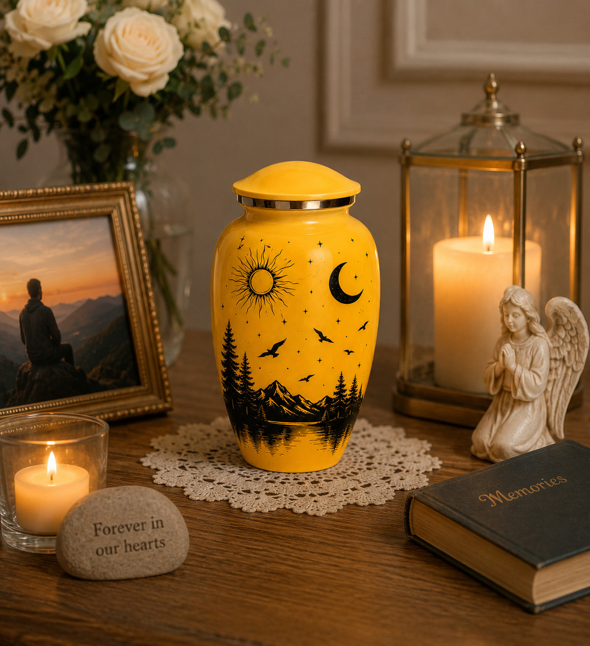 Yellow Aluminum Cremation Urn for Human Ashes – Sun Moon Mountain Landscape