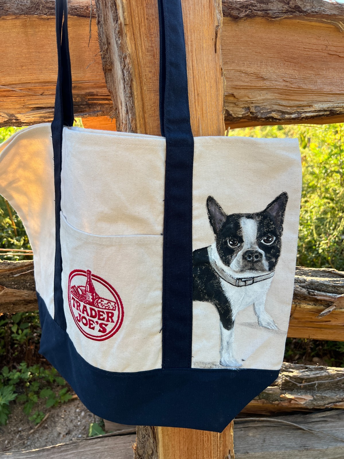 TRADER JOES LARGE CANVAS TOTE BAG HAND PAINTED DOG PET PORTRAIT FROM PHOTO