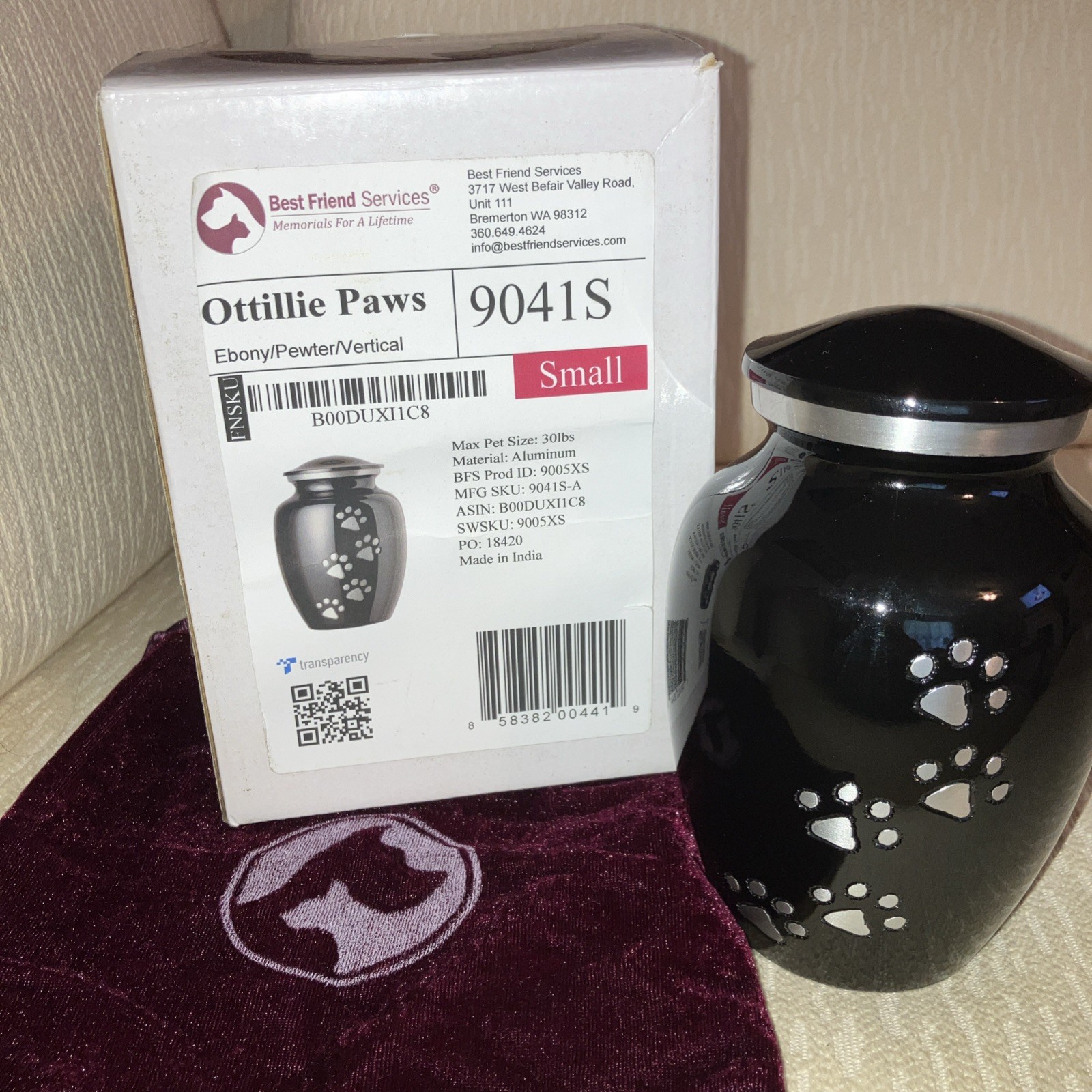 Best Friend Services – Ottillie Paws Pet Urn-Size Small – for pets up to 30 lbs.