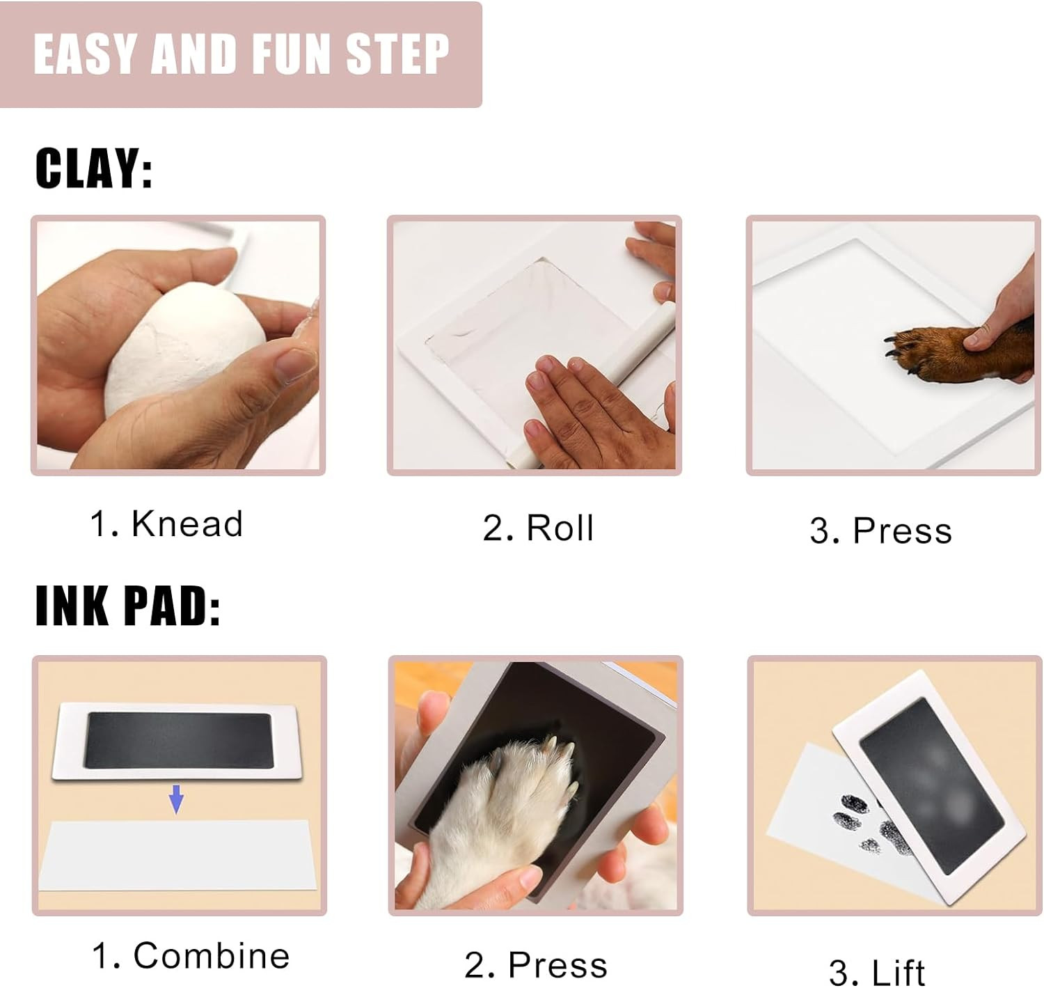 Paw Print Impression Kit for Dogs and Cats, 2 Clay, Large Ink Pad, Wooden Pictur