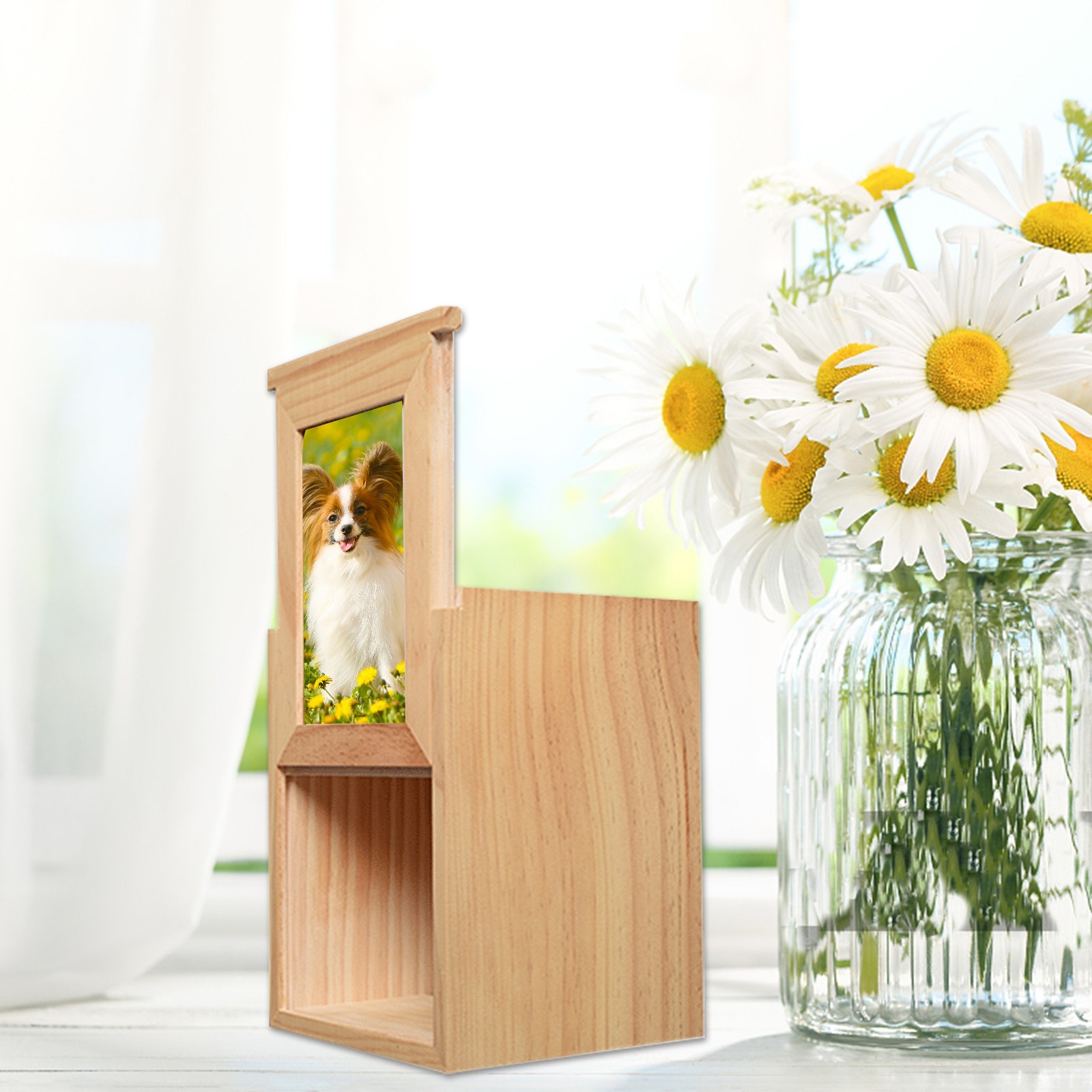Pine Wooden Pet Memorial Urn with Picture Frame for Human Pet Ashes