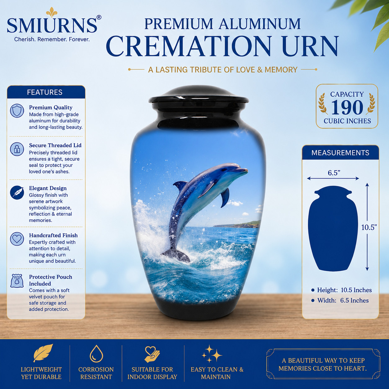 Large Adult Urn for Human Ashes Blue Dolphin Cremation Urn with Velvet Bag
